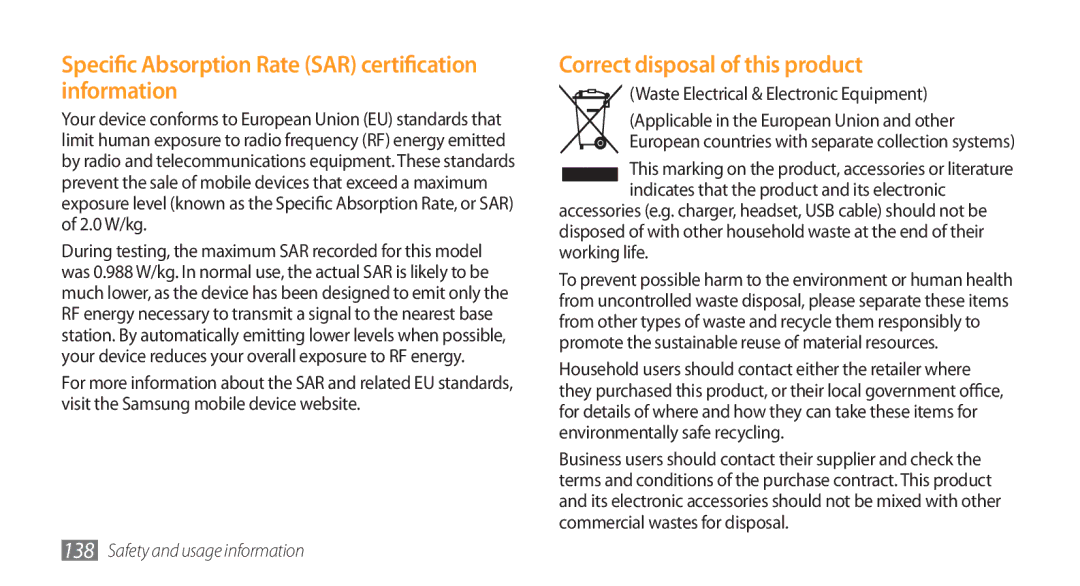 Samsung GT-S8500HKAPTR manual Specific Absorption Rate SAR certification information, Correct disposal of this product 