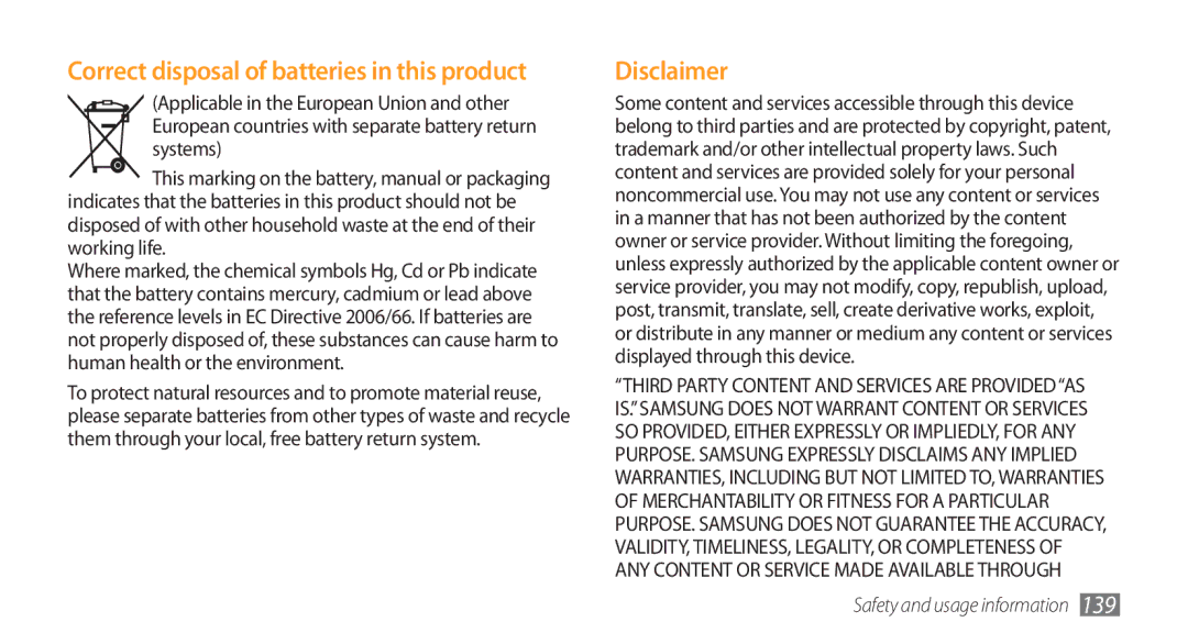 Samsung SWG-S8500HKPTR, GT-S8500BAATUR, GT-S8500HKJECT manual Disclaimer, Correct disposal of batteries in this product 