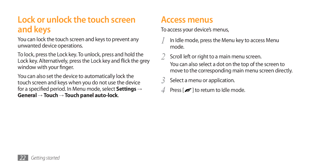 Samsung GT-S8500BAAEGY manual Lock or unlock the touch screen and keys, Access menus, To access your device’s menus 