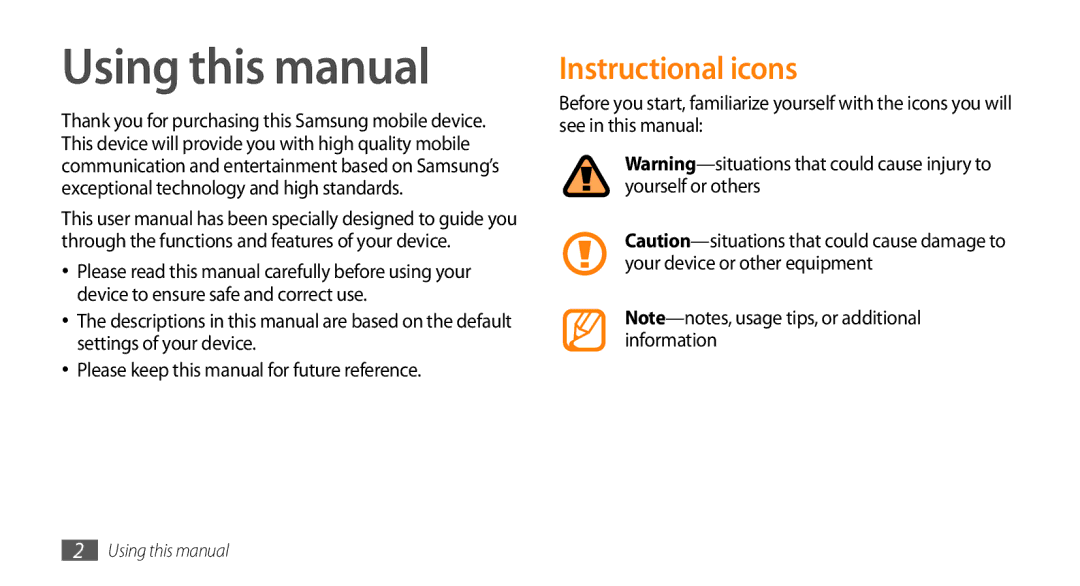 Samsung GT-S8500BAAKSA, GT-S8500BAATUR, GT-S8500HKJECT, GT-S8500HKNXSG, GT-S8500BAJECT Using this manual, Instructional icons 