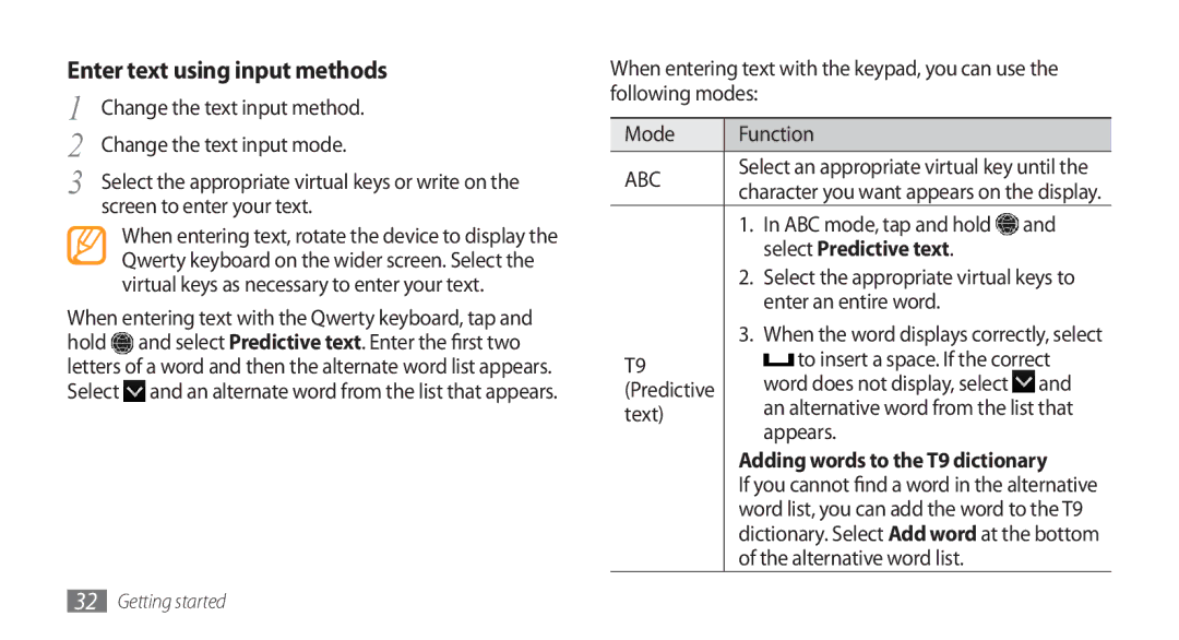 Samsung GT-S8500HKATHR manual Enter text using input methods, Select Predictive text, Adding words to the T9 dictionary 