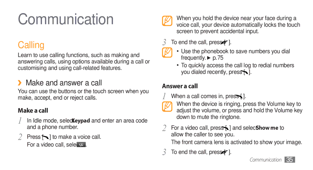 Samsung GT-S8500ISAXEV, GT-S8500BAATUR manual Communication, Calling, ›› Make and answer a call, Make a call, Answer a call 