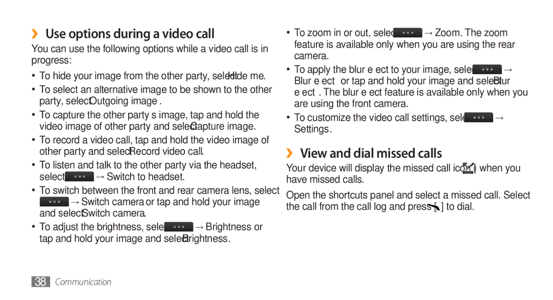 Samsung GT-S8500BAAXEV manual ›› Use options during a video call, ›› View and dial missed calls, Select → Switch to headset 