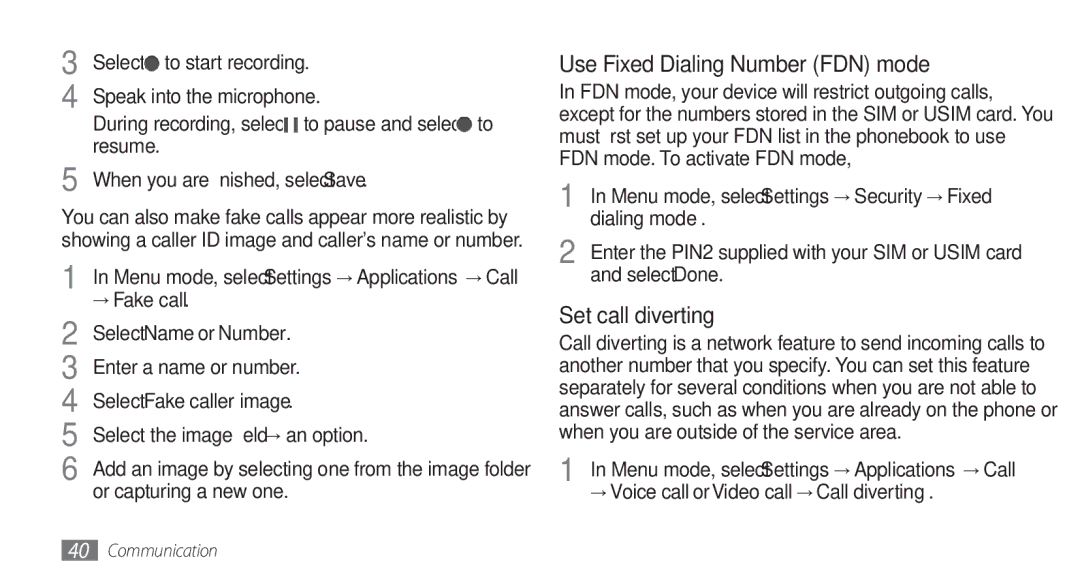 Samsung GT-S8500PDAXEV, GT-S8500BAATUR, GT-S8500HKJECT, GT-S8500HKNXSG Use Fixed Dialing Number FDN mode, Set call diverting 