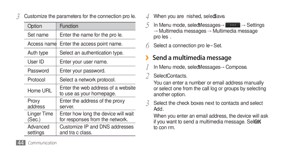 Samsung GT-S8500BAACEL, GT-S8500BAATUR manual ›› Send a multimedia message, Profiles Select a connection profile → Set, Add 