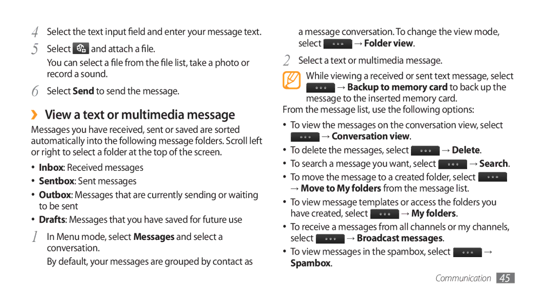 Samsung GT-S8500BAAPTR manual ›› View a text or multimedia message, Select → Folder view, → Conversation view, Spambox 