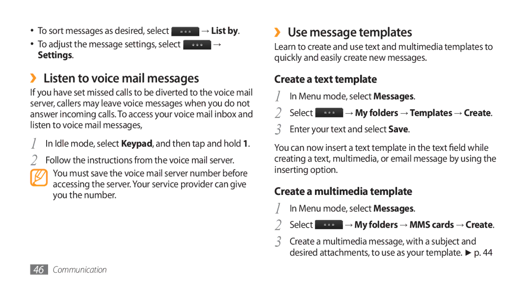 Samsung SWG-S8500BAPTR manual ›› Listen to voice mail messages, ›› Use message templates, Create a text template, Settings 