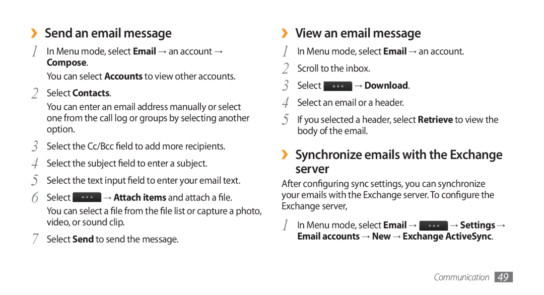 Samsung GT-S8500HKNXSG, GT-S8500BAATUR ›› Send an email message, ›› View an email message, Server, Compose, → Download 