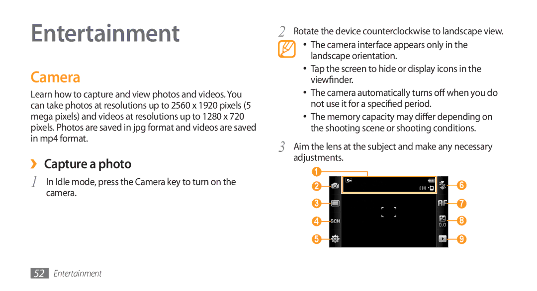 Samsung GT-S8500HKAECT, GT-S8500BAATUR, GT-S8500HKJECT, GT-S8500HKNXSG manual Entertainment, Camera, ›› Capture a photo 