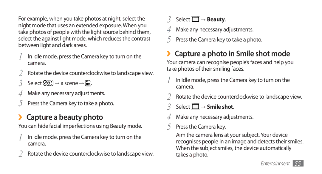 Samsung GT-S8500BAAKEN manual ›› Capture a beauty photo, ›› Capture a photo in Smile shot mode, → Beauty, → Smile shot 