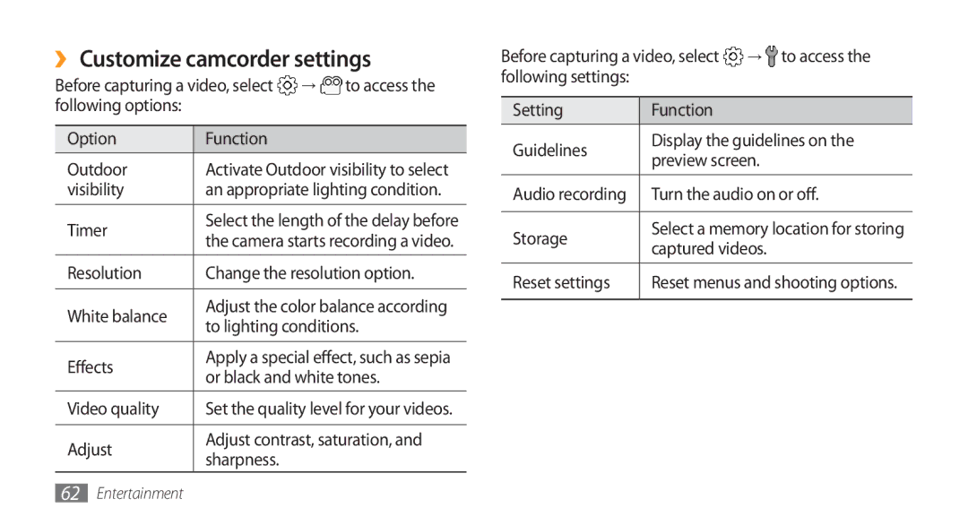 Samsung GT-S8500BAAAFR manual ›› Customize camcorder settings, Video quality, Turn the audio on or off, Captured videos 