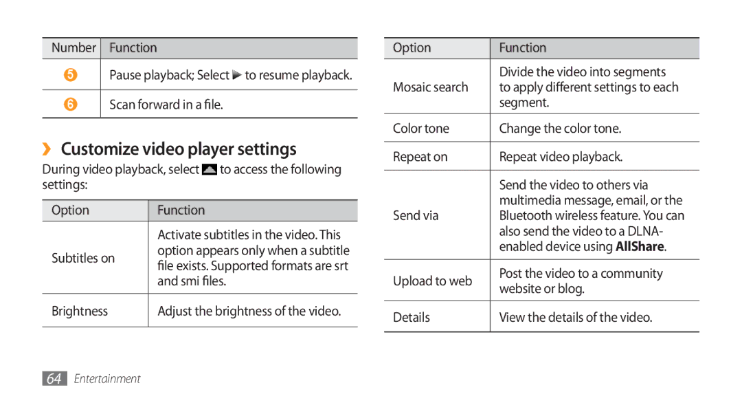 Samsung GT-S8500HKAAFR, GT-S8500BAATUR, GT-S8500HKJECT, GT-S8500HKNXSG, GT-S8500BAAKSA ›› Customize video player settings 