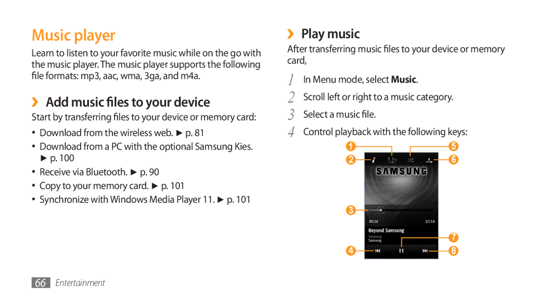 Samsung GT-S8500BAAMMC, GT-S8500BAATUR, GT-S8500HKJECT manual Music player, ›› Add music files to your device, ›› Play music 