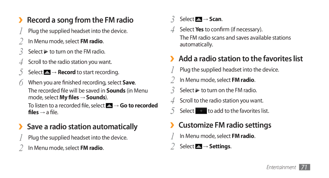 Samsung GT-S8500BAAABS, GT-S8500BAATUR manual ›› Record a song from the FM radio, ›› Save a radio station automatically 