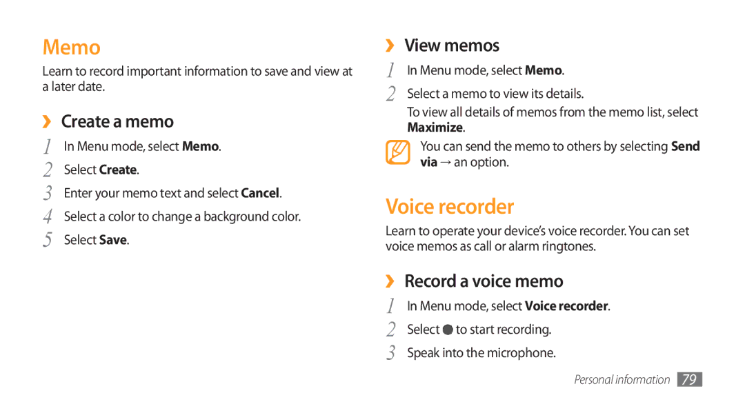 Samsung GT-S8500HKAKSA, GT-S8500BAATUR manual Memo, Voice recorder, ›› Create a memo, ›› View memos, ›› Record a voice memo 