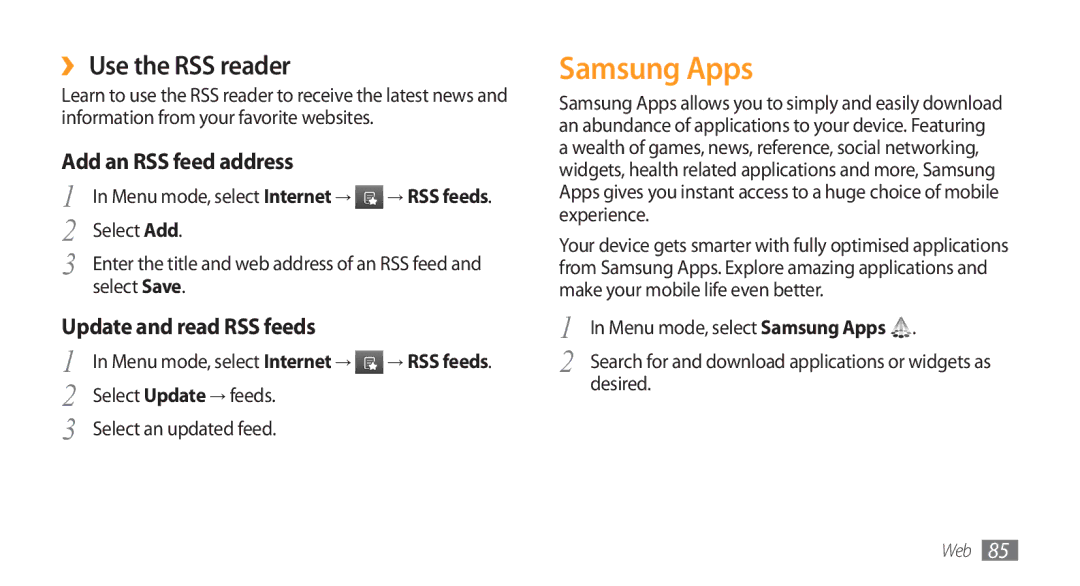 Samsung GT-S8500HKAXXV manual Samsung Apps, ›› Use the RSS reader, Add an RSS feed address, Update and read RSS feeds 