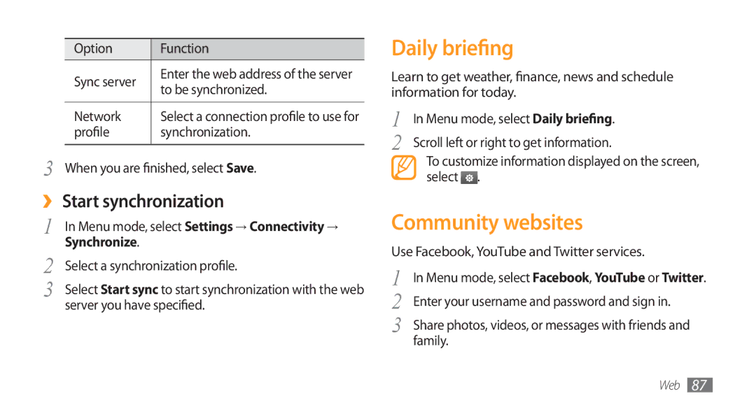 Samsung GT-S8500BAAXXV, GT-S8500BAATUR, GT-S8500HKJECT manual Daily briefing, Community websites, ›› Start synchronization 