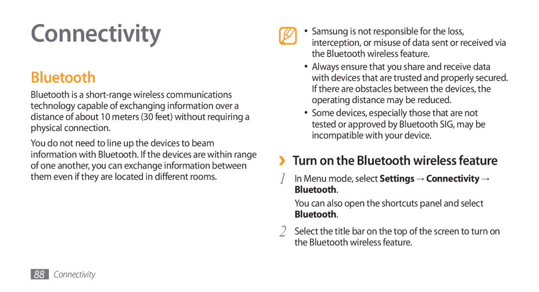 Samsung GT-S8500PDAXEV, GT-S8500BAATUR, GT-S8500HKJECT, GT-S8500HKNXSG manual Connectivity, Bluetooth wireless feature 