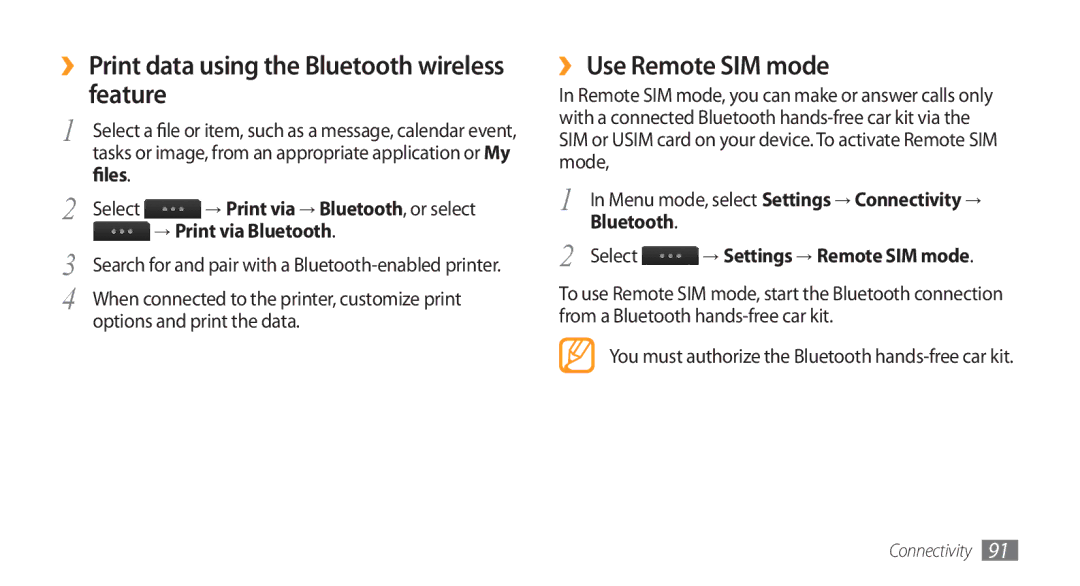 Samsung SWG-S8500HKPTR, GT-S8500BAATUR ›› Print data using the Bluetooth wireless feature, ›› Use Remote SIM mode, Files 