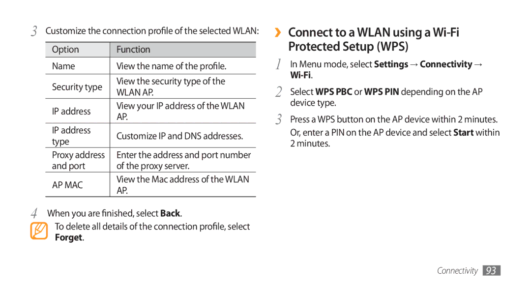 Samsung GT-S8500BAAPTR manual Option Function Name View the name of the profile, View the security type, IP address, Type 