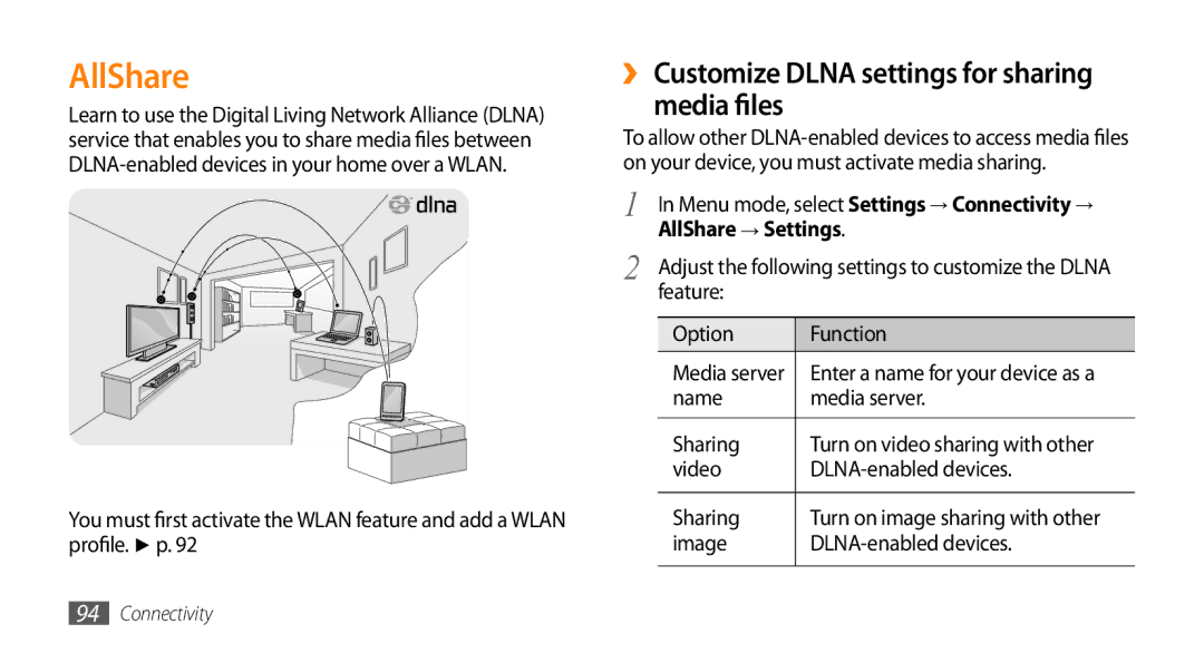 Samsung SWG-S8500BAPTR, GT-S8500BAATUR manual ›› Customize Dlna settings for sharing Media files, AllShare → Settings 