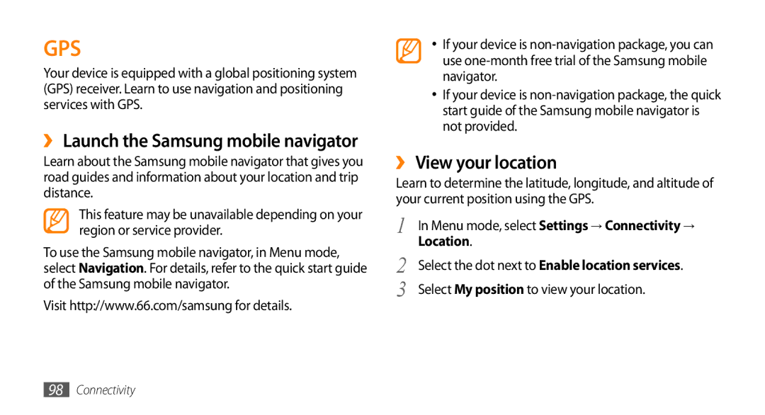 Samsung GT-S8500BAAKSA, GT-S8500BAATUR manual ›› View your location, Location, Select My position to view your location 