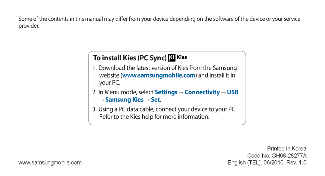 Samsung GT-S8500HKJECT, GT-S8500BAATUR, GT-S8500HKNXSG, GT-S8500BAAKSA, GT-S8500BAJECT manual To install Kies PC Sync 