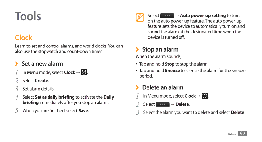 Samsung GT-S8500BAJECT, GT-S8500BAATUR manual Tools, Clock, ›› Set a new alarm, ›› Stop an alarm, ›› Delete an alarm 