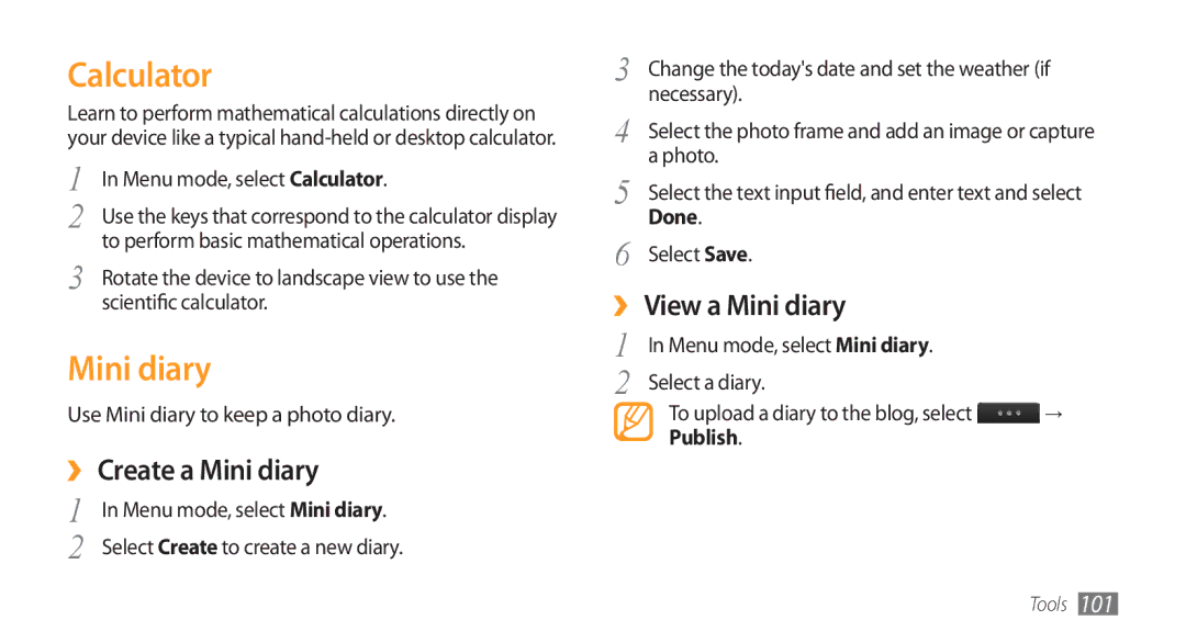 Samsung GT-S8500HKAMID, GT-S8500BAATUR manual Calculator, ›› Create a Mini diary, ›› View a Mini diary, Publish 