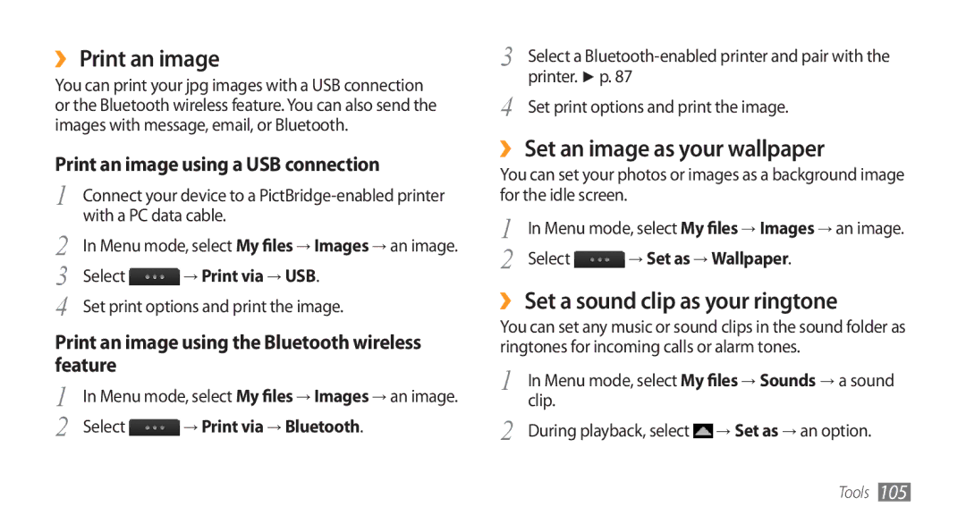 Samsung GT-S8500GAAARB manual ›› Print an image, ›› Set an image as your wallpaper, ›› Set a sound clip as your ringtone 