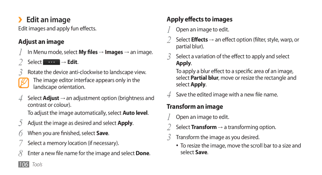 Samsung GT-S8500BAAARB, GT-S8500BAATUR manual ›› Edit an image, Adjust an image, Apply effects to images, Transform an image 