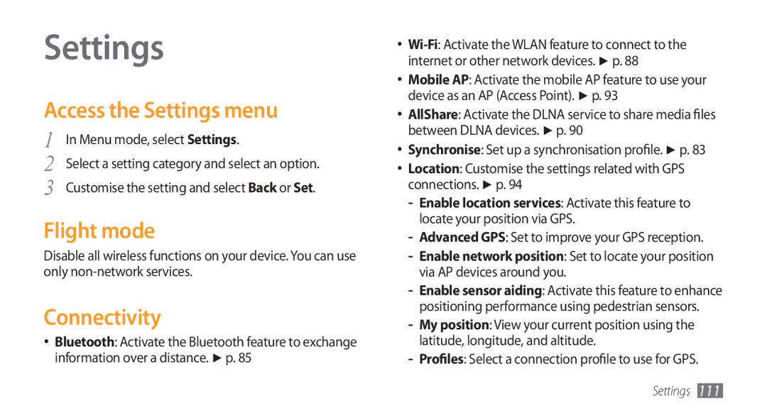 Samsung GT-S8500BAAECT, GT-S8500BAATUR Access the Settings menu, Flight mode, Connectivity, Menu mode, select Settings 