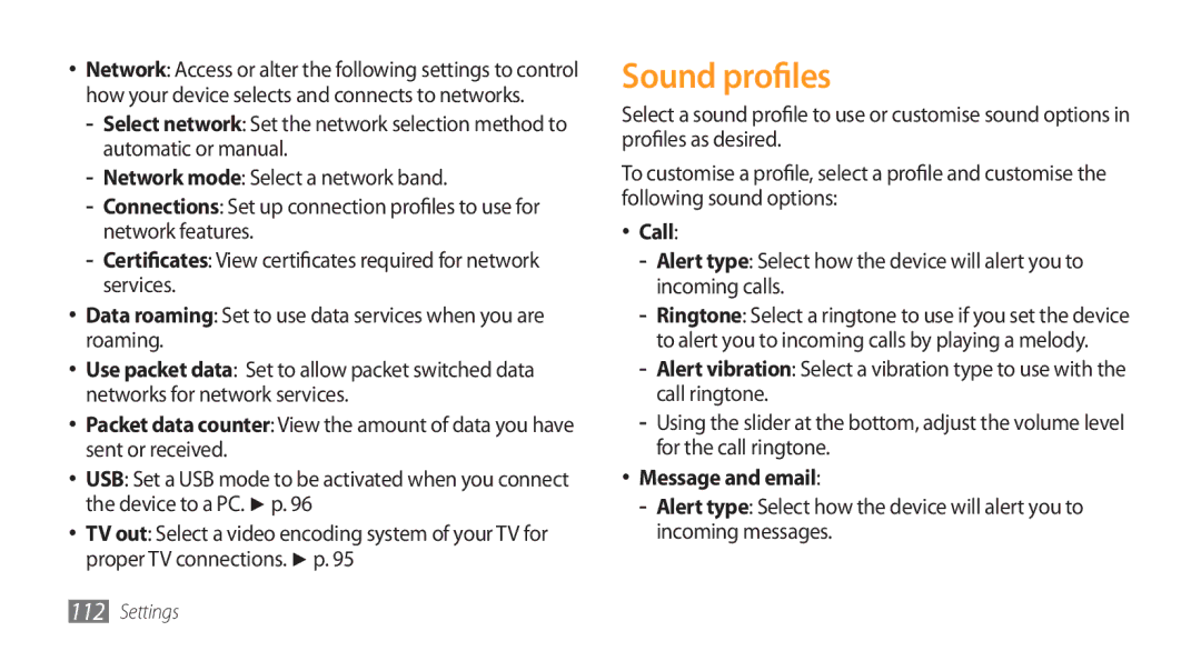 Samsung GT-S8500HKAAFR, GT-S8500BAATUR, GT-S8500HKJECT, GT-S8500HKNXSG manual Sound profiles, Call, Message and email 