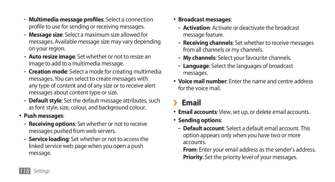 Samsung GT-S8500BAAEGY, GT-S8500BAATUR, GT-S8500HKJECT manual ›› Email, Push messages, Broadcast messages, Sending options 