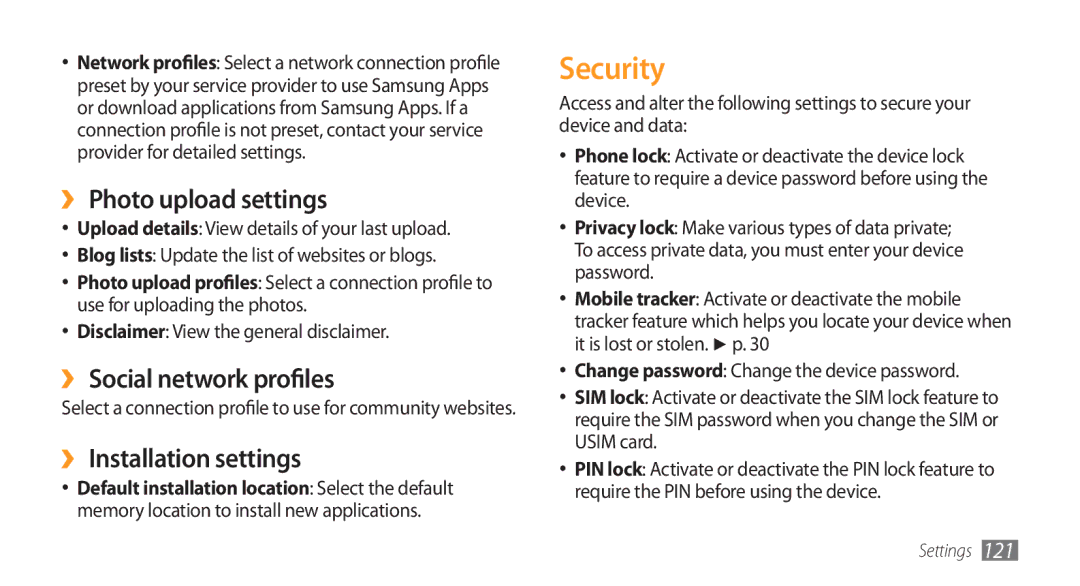 Samsung GT-S8500BAATMC manual Security, ›› Photo upload settings, ›› Social network profiles, ›› Installation settings 