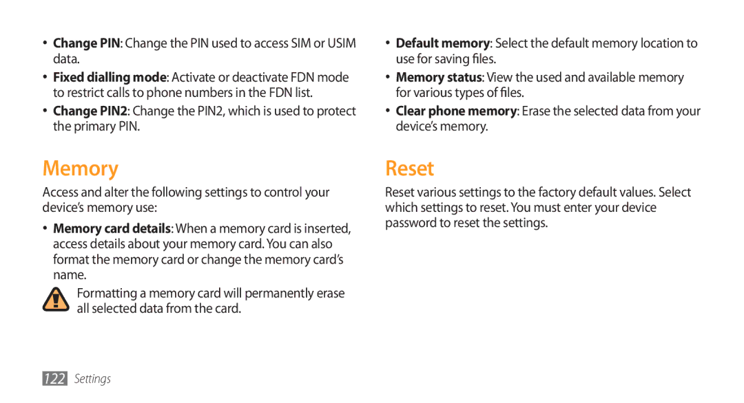 Samsung GT-S8500BANXSG, GT-S8500BAATUR manual Memory, Reset, Change PIN Change the PIN used to access SIM or Usim data 