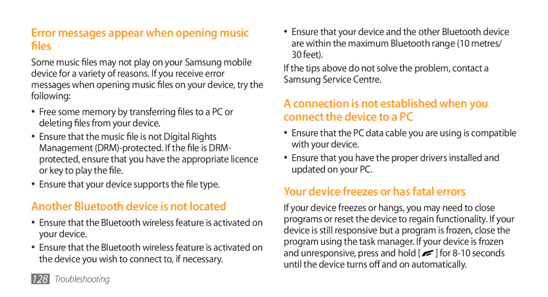 Samsung GT-S8500HKATHR manual Error messages appear when opening music files, Another Bluetooth device is not located 