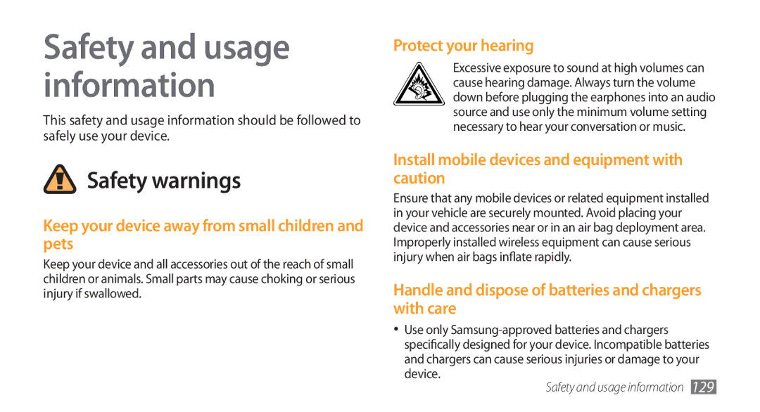 Samsung GT-S8500ISAKSA, GT-S8500BAATUR manual Keep your device away from small children and pets, Protect your hearing 