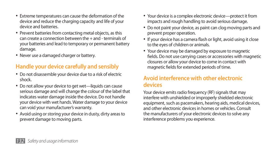 Samsung GT-S8500LRAXEV manual Handle your device carefully and sensibly, Avoid interference with other electronic devices 