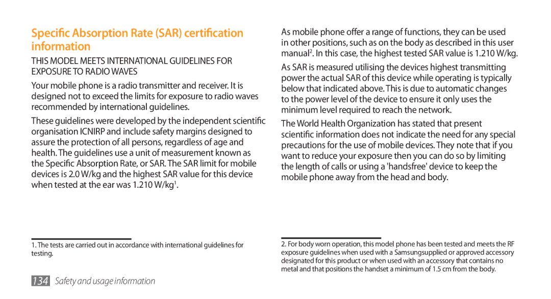 Samsung GT-S8500BAAXEV, GT-S8500BAATUR, GT-S8500HKJECT manual Specific Absorption Rate SAR certification information 