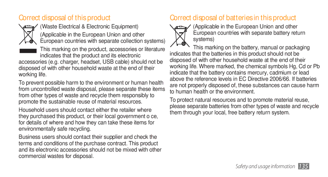 Samsung GT-S8500BAAXXV, GT-S8500BAATUR Correct disposal of this product, Correct disposal of batteries in this product 