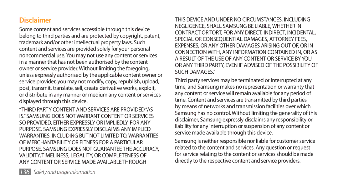 Samsung GT-S8500PDAXEV, GT-S8500BAATUR, GT-S8500HKJECT, GT-S8500HKNXSG, GT-S8500BAAKSA, GT-S8500BAJECT manual Disclaimer 