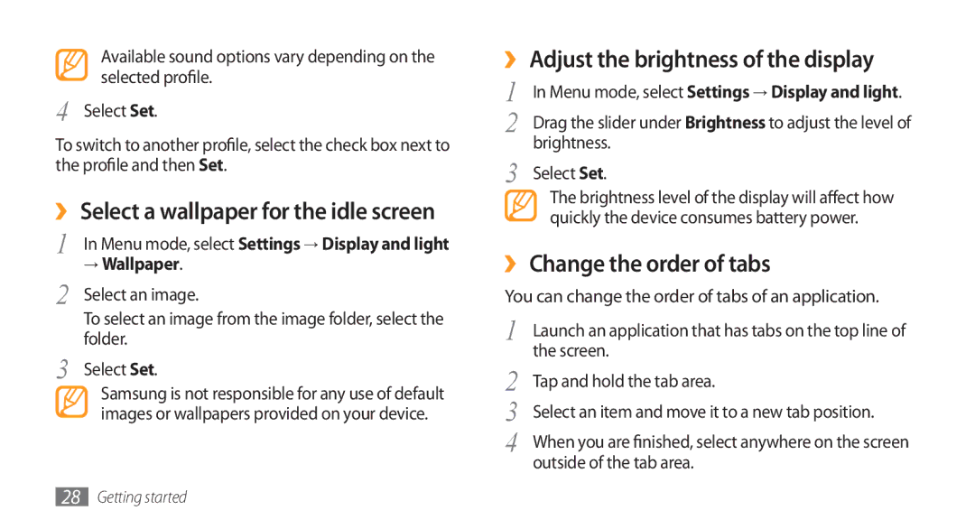 Samsung GT-S8500HKAJED, GT-S8500BAATUR ›› Adjust the brightness of the display, ›› Change the order of tabs, → Wallpaper 