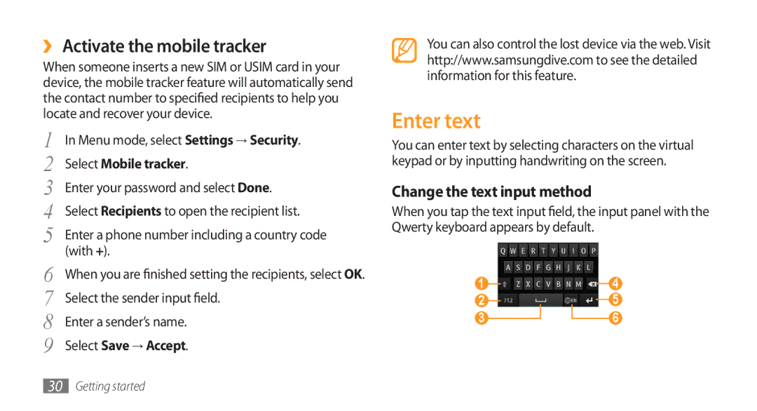 Samsung GT-S8500BAAXSG Enter text, ›› Activate the mobile tracker, Change the text input method, Select Mobile tracker 