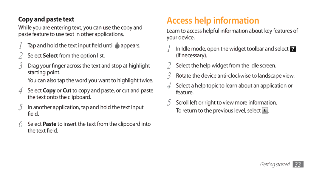 Samsung GT-S8500ISAKSA, GT-S8500BAATUR, GT-S8500HKJECT, GT-S8500HKNXSG manual Access help information, Copy and paste text 