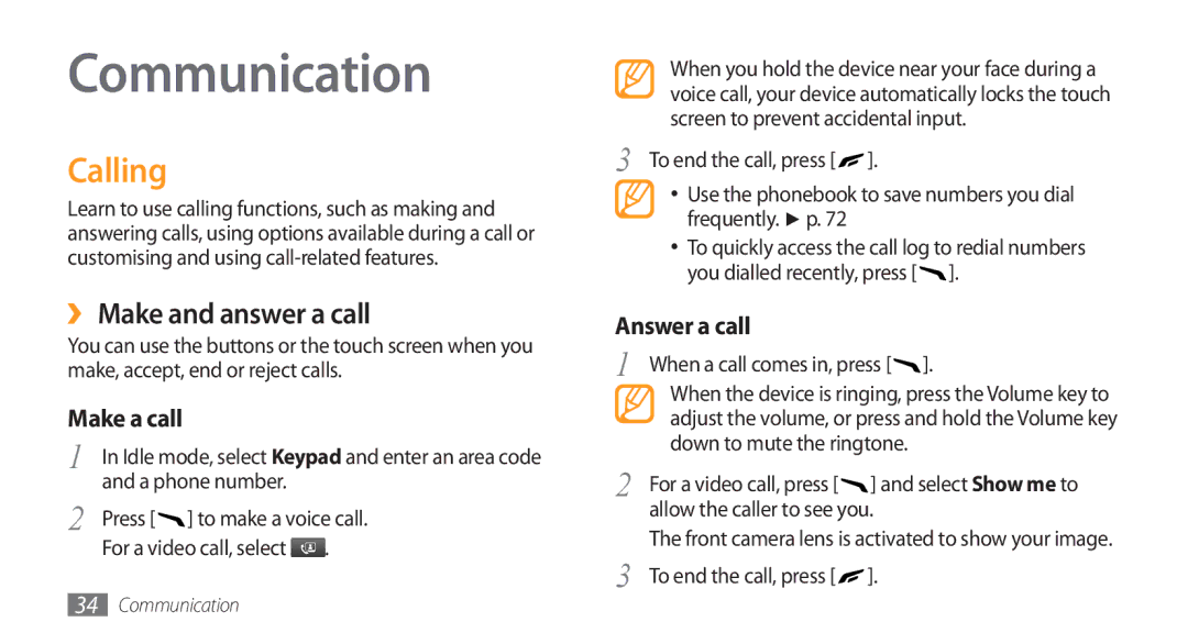 Samsung GT-S8500HKAXEV, GT-S8500BAATUR manual Communication, Calling, ›› Make and answer a call, Make a call, Answer a call 