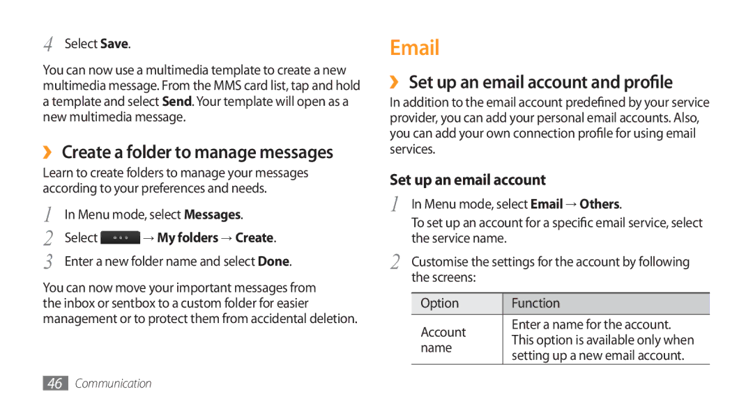 Samsung SWG-S8500BAPTR manual ›› Set up an email account and profile, Select Save, Screens Option Function Account, Name 