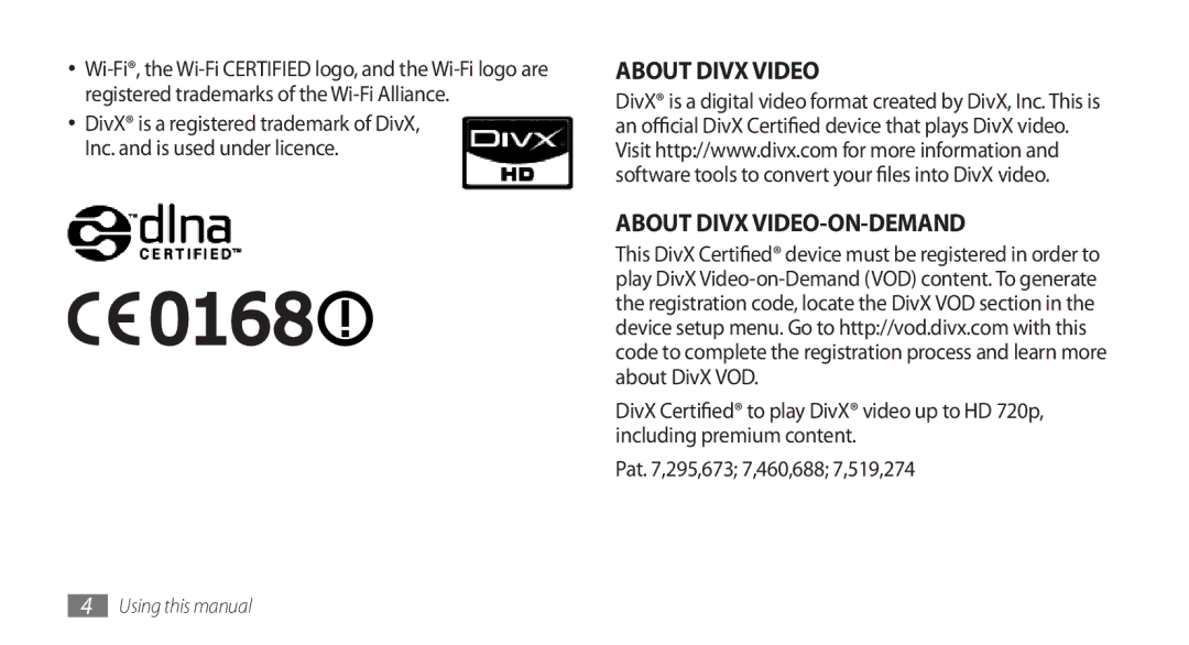 Samsung GT-S8500HKAECT, GT-S8500BAATUR, GT-S8500HKJECT, GT-S8500HKNXSG manual About Divx Video About Divx VIDEO-ON-DEMAND 