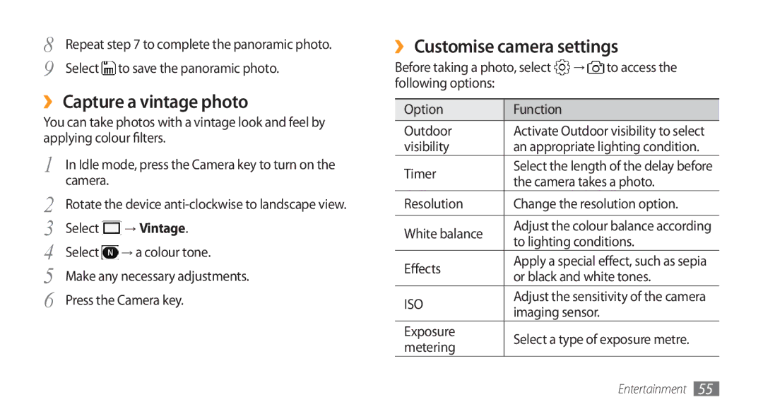 Samsung GT-S8500BAAKEN, GT-S8500BAATUR, GT-S8500HKJECT ›› Capture a vintage photo, ›› Customise camera settings, → Vintage 