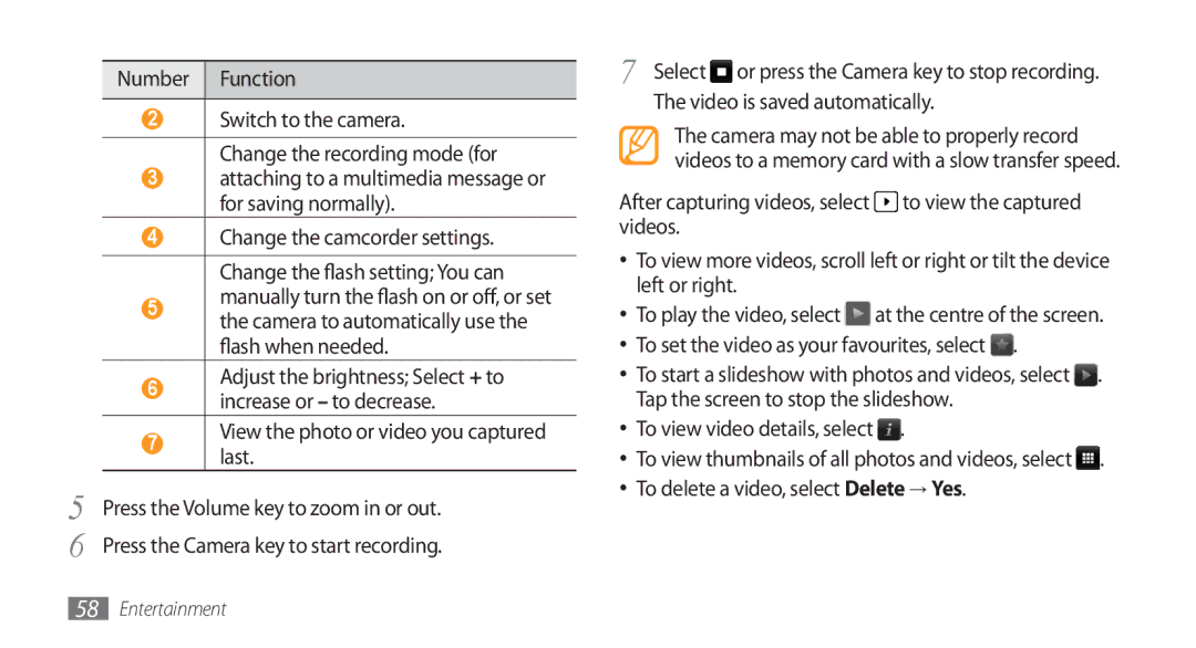 Samsung GT-S8500BAAARB manual View the photo or video you captured last, To set the video as your favourites, select 